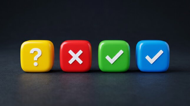 Colorful glossy cubes featuring question mark, red cross, and white check marks arranged in a row