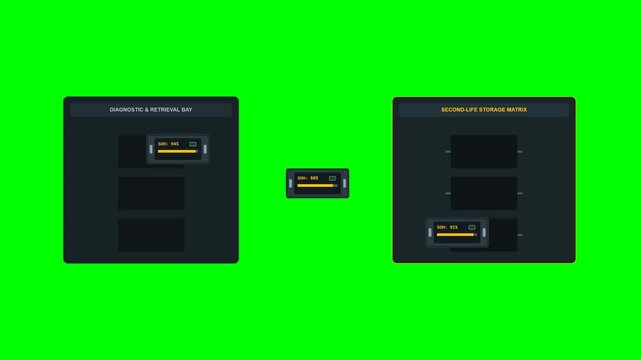 Second-life battery modules undergoing automated inspection and insertion into a modular energy storage system on a clean green screen background.