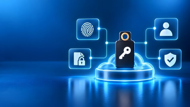 Glowing digital cloud platform displaying secure key lock and biometric mfa authentication network representing identity access management and corporate data cybersecurity