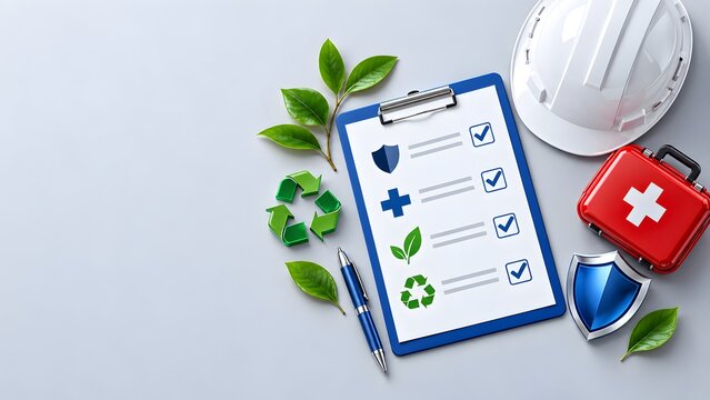 Occupational health and safety inspection checklist with hardhat first aid kit security shield and green leaves representing corporate hse esg compliance