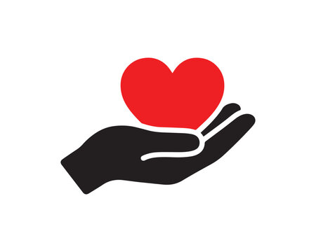 Hand holding a bright red heart symbol of care and love with flat design give back charity work health care