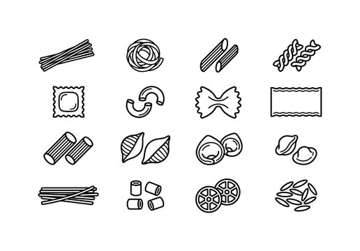 Italian Pasta Varieties, line icon set featuring tagliatelle, spaghetti, penne, fusilli, ravioli, macaroni, farfalle, lasagna sheet, covering Italian pasta, noodles, Mediterranean cuisine, restaurant
