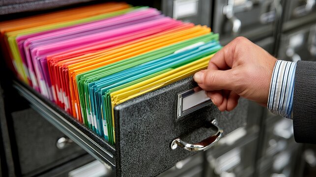 Male worker pulling open metal filing cabinet drawer filled with brightly colored rainbow hanging folders inside bright office