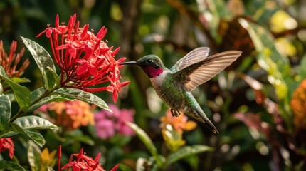Fototapeta premium Tiny hummingbird hovers near vibrant red ixora flowers in lush garden.