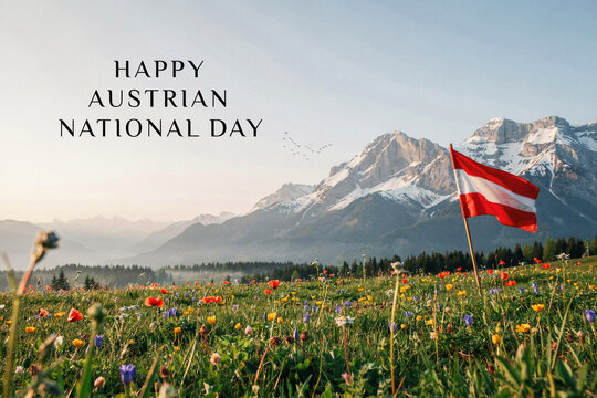 Austrian National Day celebration with national flag in alpine meadow