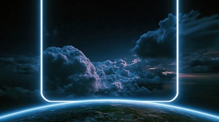 Fototapeta premium Surreal cosmic portal framing dramatic clouds above planet Earth under starry night sky