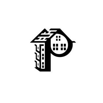 geometric monogram logo combining the capital letter P with rooflines, residential windows, and multi-story apartment building shapes. Specially designed for real estate agencies, property development