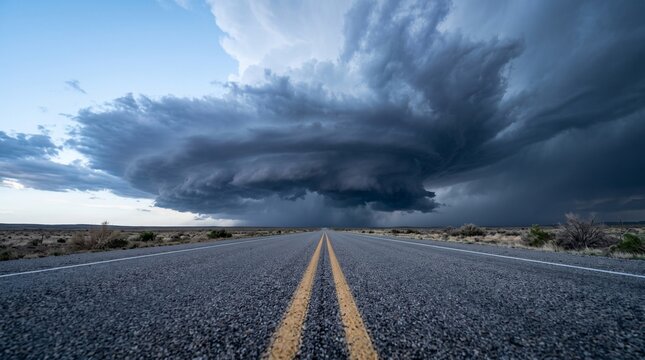 Dramatic dark storm cloud over empty highway symbolizing economic crisis, business risk, financial market uncertainty, strategic management challenges and corporate problem solving concept.