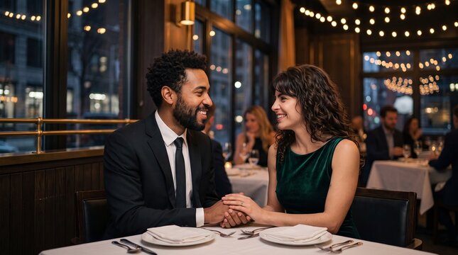 Happy young multiracial couple holding hands across white table during romantic Valentine day dinner in upscale restaurant, smiling man and woman enjoying elegant evening date night.
