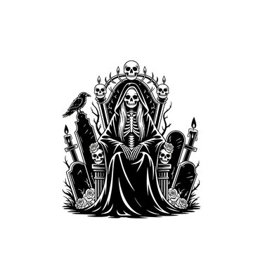 Grim Reaper on Throne in Cemetery with Skulls Ravens and Gravestones Black and White Vector Illustration
