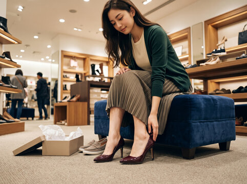 靴屋で試着用のソファに座りハイヒールを試し履きする女性