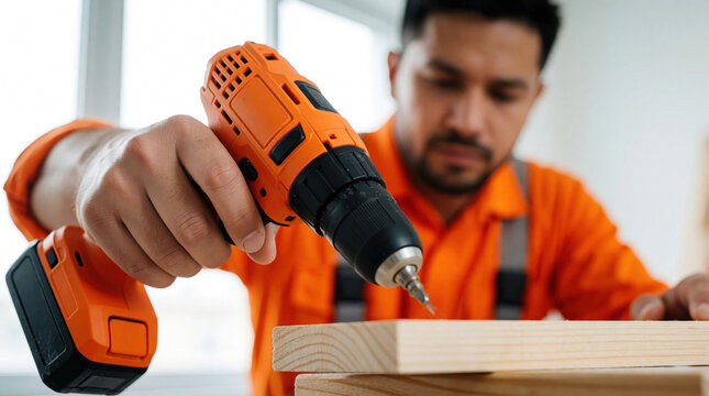 Skilled handyman uses orange cordless drill to screw wooden plank. Male worker performs home renovation carpentry task with power tool. Pro builder repairs furniture assembles timber structure in