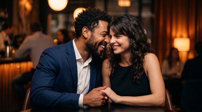 Loving diverse couple holding hands intimately head to head smiling together during romantic dinner date at upscale restaurant bar, celebrating anniversary in warm cozy atmosphere.