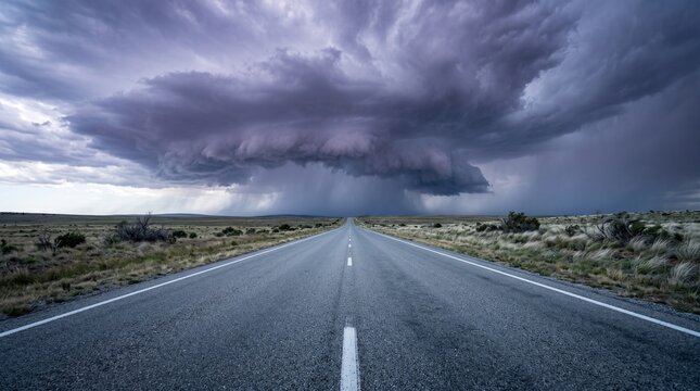 Straight asphalt highway road leading towards heavy dark storm cloud conceptualizing business risk financial crisis market uncertainty economic challenge strategy and management navigation.