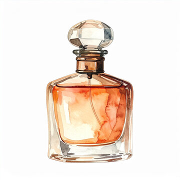 Single antique perfume bottle with delicate glass stopper, vintage watercolor, isolated on white background, soft translucent washes, refined French still-life aesthetic.