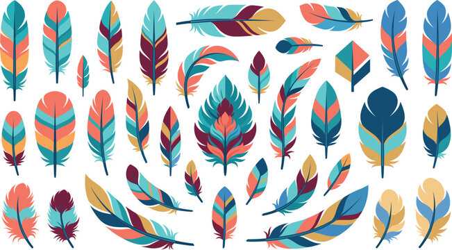 Vibrant Boho Feather Vector Illustration Set with Colorful Tribal Plumes for Decorative Design