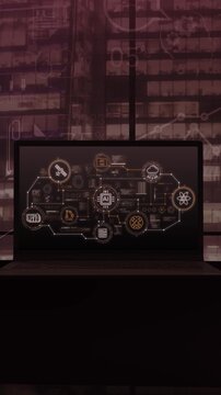 Animated data network and ai technology display on laptop