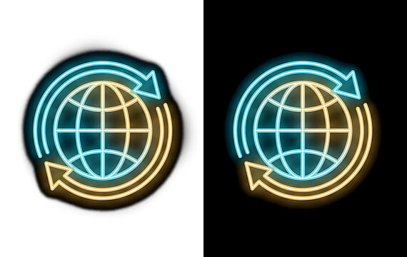 Neon illuminated globe with circular arrows symbolizing global connection and continuous movement