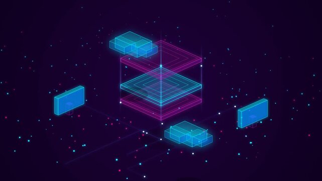 Isometric Digital Server Network Graphic with Glowing Pink and Blue Blockchain Data Elements