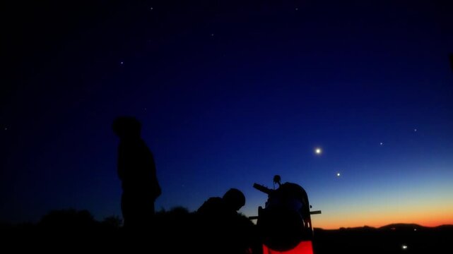 Amateur astronomers observing stars, planets, Moon and other celestial objects with a telescope in nature.