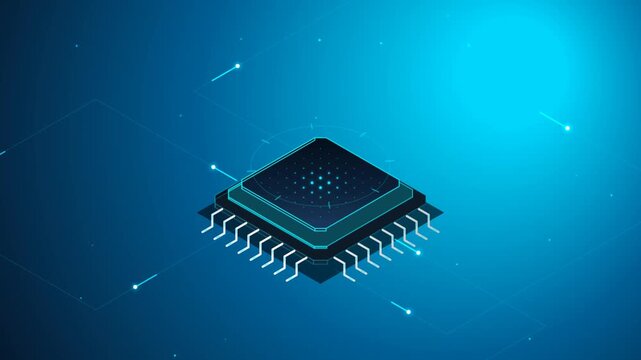 Isometric futuristic CPU microchip processing digital data inside abstract glowing blue cyberspace