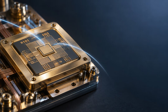 Quantum processor chip close-up on matte charcoal surface with single control pulse arc conveying qubit control and fault-tolerant quantum hardware concept for research