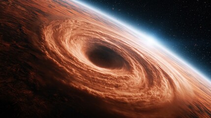 Fototapeta premium Dramatic orange galaxy swirl with bright blue atmospheric horizon against black space