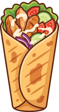 Shawarma wrap cartoon vector illustration with grilled meat and vegetables isolated on white