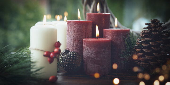 Candle decoration for christmas and advent as a symbol of faith. Horizontal background for religious holidays.