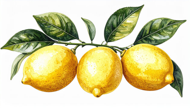 Small lemon branch with ripe lemons, antique botanical watercolor, isolated on white background, delicate natural brushwork, faded pigments, elegant Mediterranean vintage aesthetic.