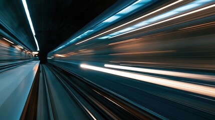 Fototapeta premium Abstract motion blur of a high-speed train traveling through a futuristic tunnel with glowing lights