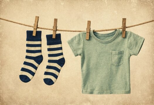 Minimalist composition of a baby t-shirt and striped socks hanging on a clothesline against a vintage textured background