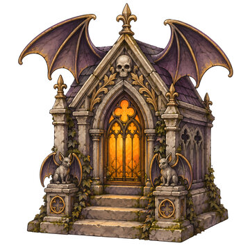 Gothic Mausoleum Entrance: An ornate gothic mausoleum featuring bat-like wings, gargoyles, and a skull adorns a grand entrance, hinting at dark mysteries and ancient secrets.