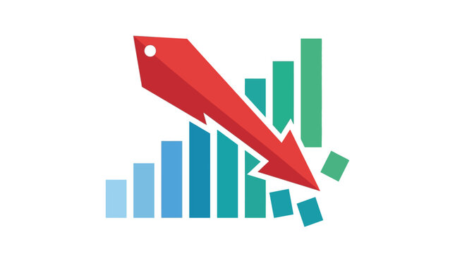 Sharp red price tag arrow crashing through rising bar chart signifying market drop flat vector illustration.