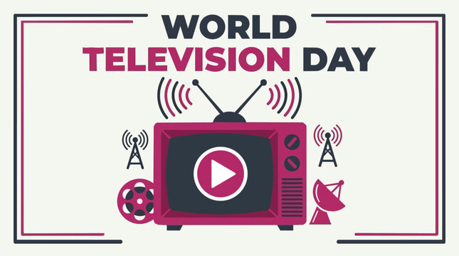 World Television Day retro CRT television with rabbit ear antenna and broadcast signals in magenta and navy for media heritage banner