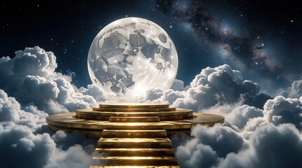 Fototapeta premium Golden tiered platform stands among white clouds under massive full moon. Mystical night sky with stars, milky way background. Fantasy cosmic stage glows in dark space. Ethereal lunar landscape with