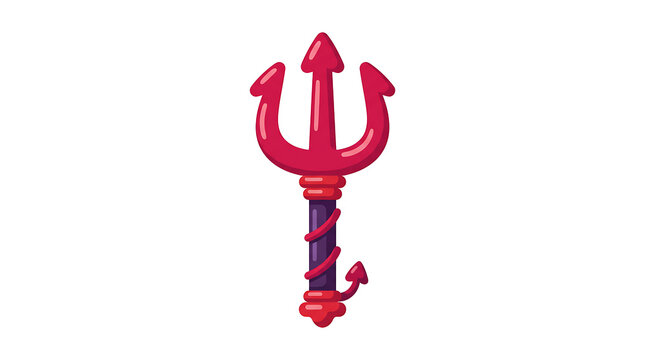 A vivid illustration of a stylized red devil's trident, complete with a curling tail and intricate shaft detailing, against a pure white background, evoking a sense of fantasy and mischief