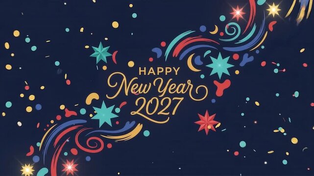 Happy New Year 2027 greeting card with colorful abstract swirls and star decorations on dark blue background