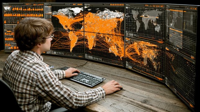 Focused programmer analyzing global network data on multiple large monitors sitting at a rustic wooden desk inside room