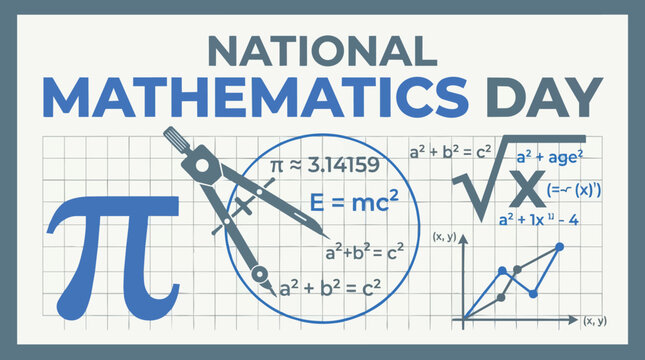 National Mathematics Day drawing divider compass with Pi symbol and algebra formulas on blueprint grid for math education banner
