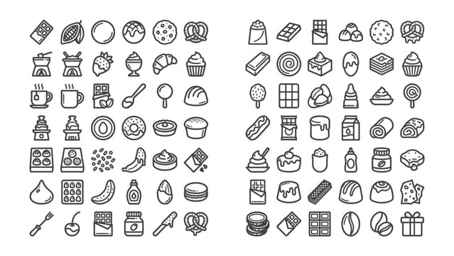 Collection of Delicious Treats: A comprehensive collection of illustrated icons showcasing a variety of sweet treats, including chocolates, pastries, candies, and desserts.