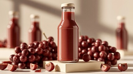 Fototapeta premium Freshly Squeezed Red Grape Juice in a Glass Bottle Surrounded by Ripe Grapes