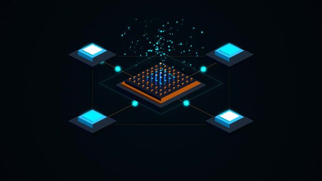 Isometric microprocessor computer chip network transmission with server database nodes glowing tech