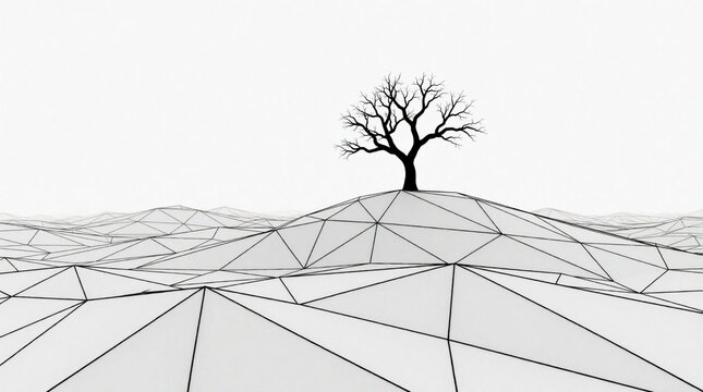 Abstract wireframe landscape with geometric polygon terrain. Lone bare tree stands on digital hill under white background. Minimalist 3D mesh model shows futuristic topographic surface. Creative tech