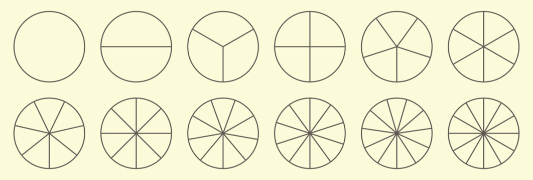 Sectors divide the circle on 12 equal parts. Pie charts, pizza charts set. 12 circles. Diagram parts wheel from 1 to 12. Pie chart template. Coaching blank. Segmented charts.