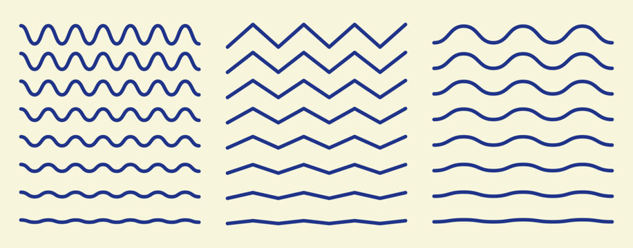 Blue wave line set. Vector wavy and zigzag horizontal underline. Wave thin line. Wavy lines set. Wave ornament pattern.