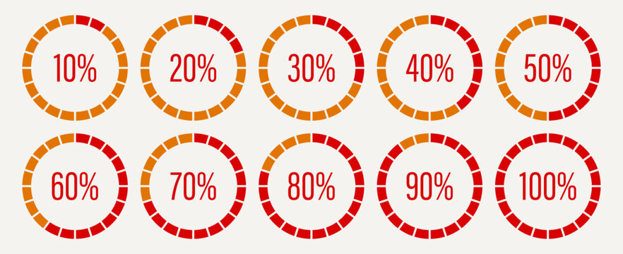 Round diagrams icons for infographics from 0 to 100 percent. Circle graph loading progress bars. Percentage infographics elements. Red color fill divided pie charts indicator layout.
