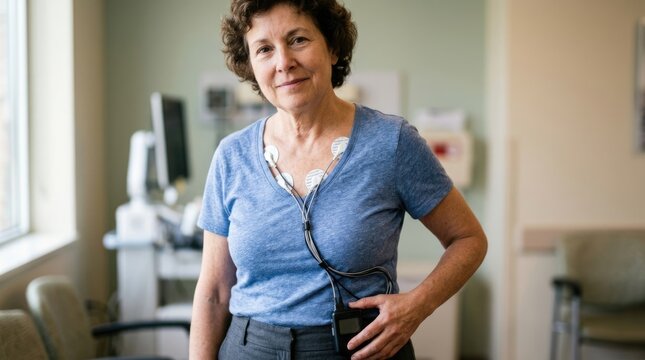 Mature Woman Wearing Portable Cardiac Monitor with Electrodes in Medical Clinic