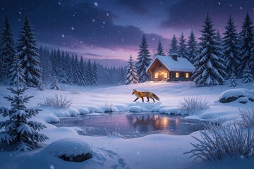 Fototapeta premium Red fox walks through deep snow in winter forest. Small wooden cabin with warm lights stands near frozen pond. Pine trees under purple twilight sky create calm wilderness scene. Beautiful cold