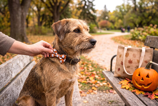 Halloween for pets Person adjusts Halloween ghost bow tie on an  patterned collaron shaggy terrier sitting on park bench. Friendly terrier looks sidew ays during cheerful autumn festival outing.
